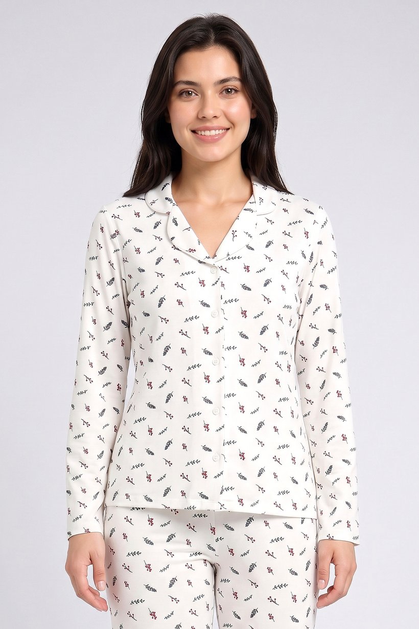 Women 2 Pieces Allover Print Shirt And Bottom Pajama Set, Multicolor