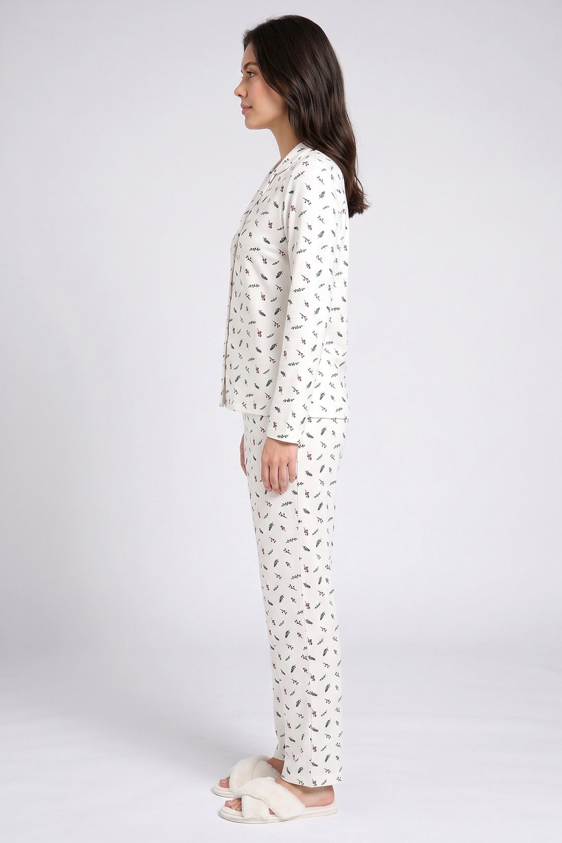 Women 2 Pieces Allover Print Shirt And Bottom Pajama Set, Multicolor
