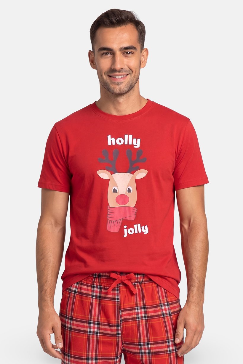 Men 2 Pieces Graphic Print T-Shirt And Pants Pyjama Set, Red
