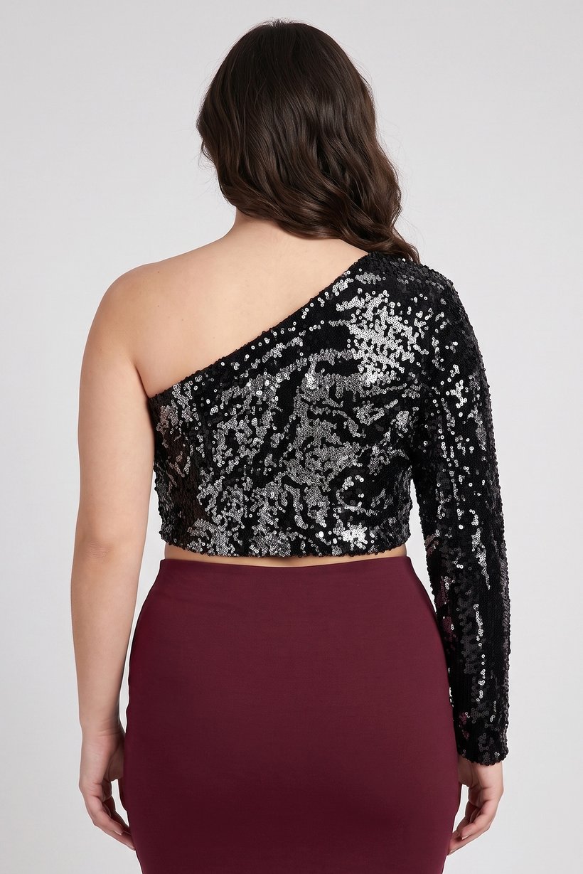 Women Asymmetrical Neck Sequins One Shoulder Sleeve Top, Black