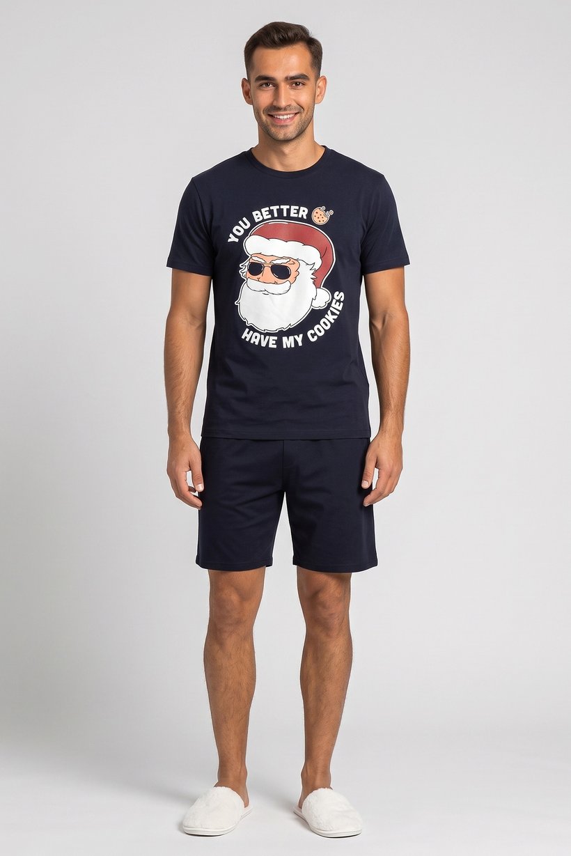 Men 2 Pcs Graphic Print T-Shirt And Shorts Pyjama Set, Dark Navy
