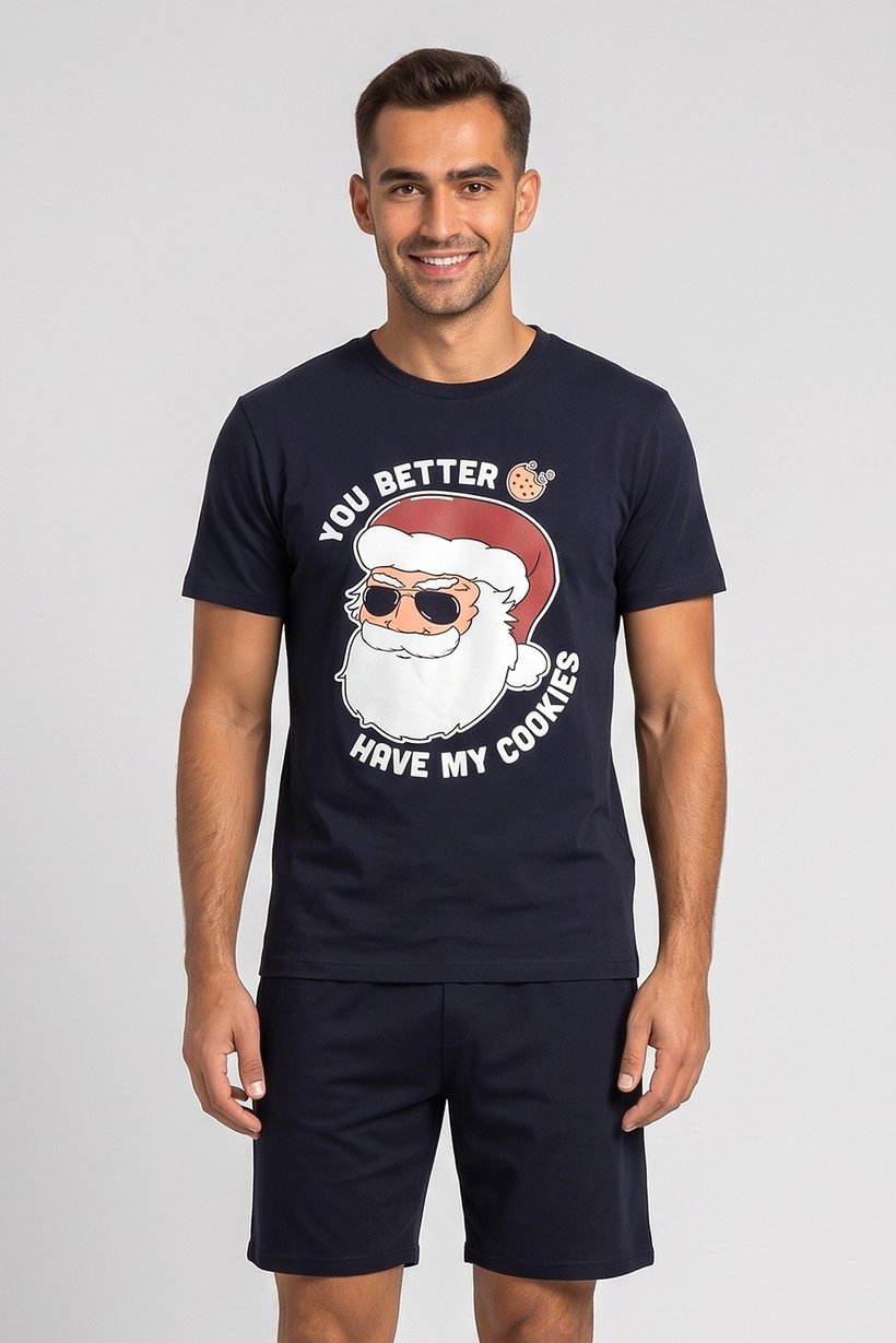 Men 2 Pcs Graphic Print T-Shirt And Shorts Pyjama Set, Dark Navy