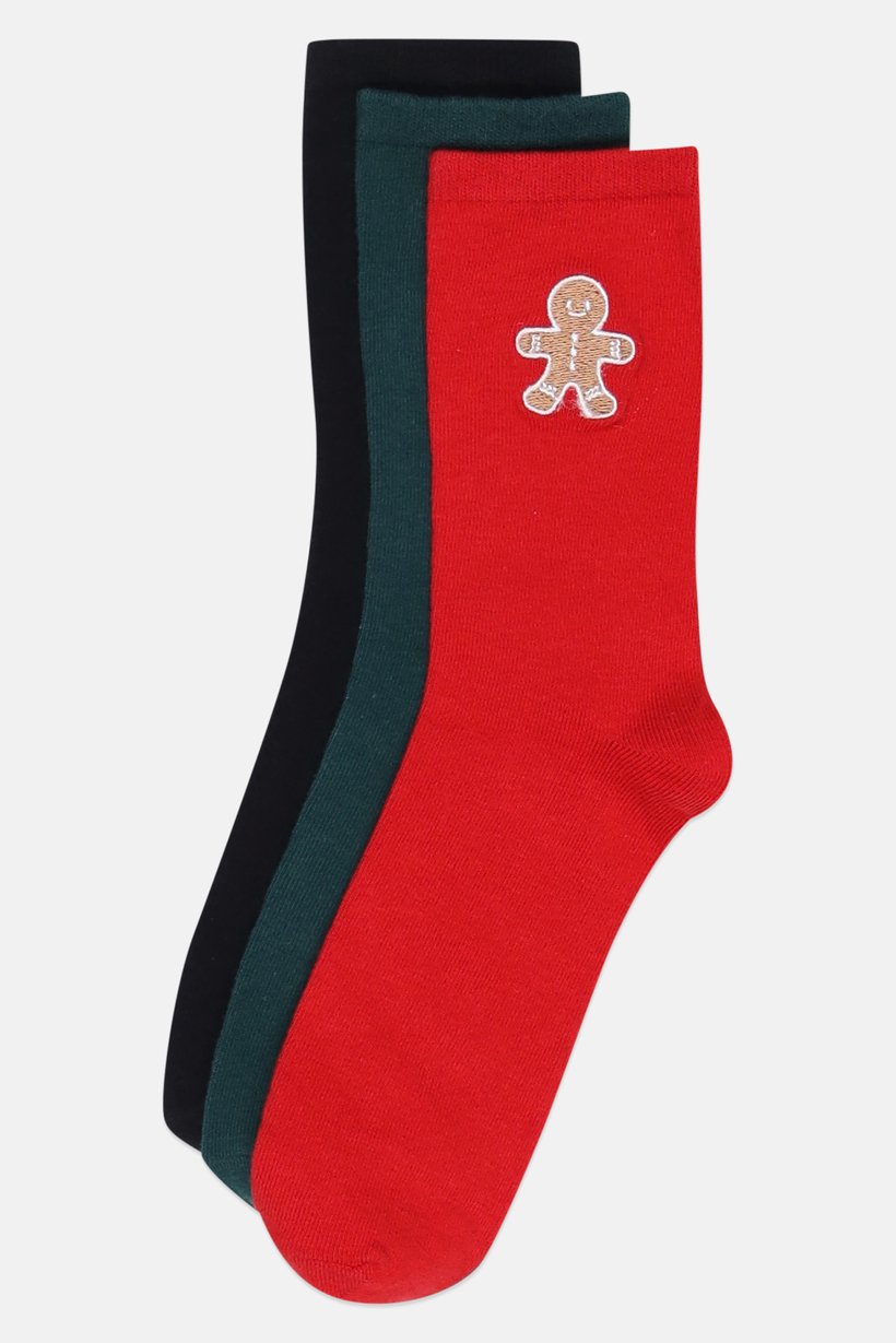 Men 3 Pairs Embroidered Crew Socks, Multicolor