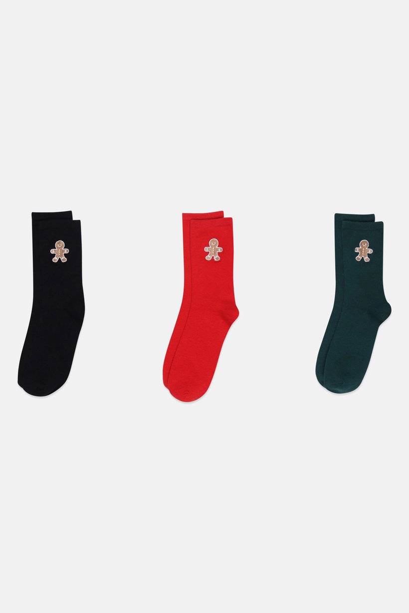 Men 3 Pairs Embroidered Crew Socks, Multicolor