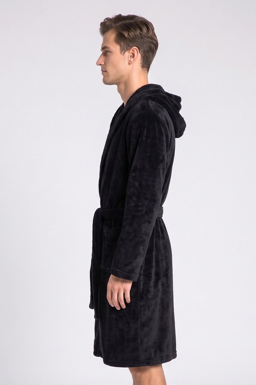 Men Textured Bath Robe, Black