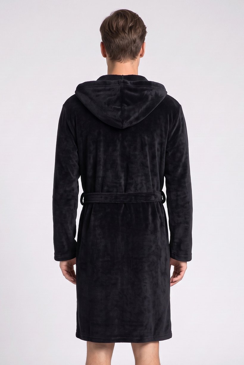 Men Textured Bath Robe, Black