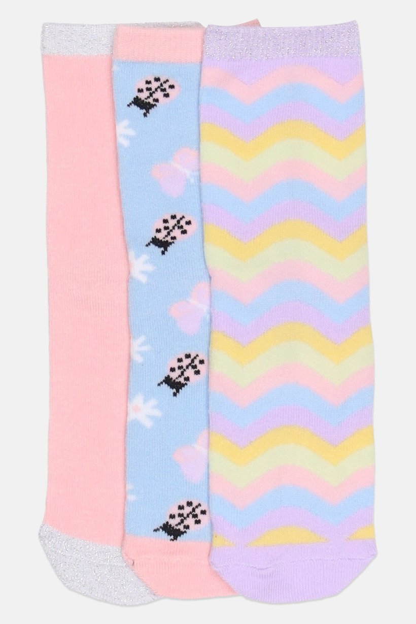 Kids Girl 3 Pairs Allover Print Crew Socks, Multicolor