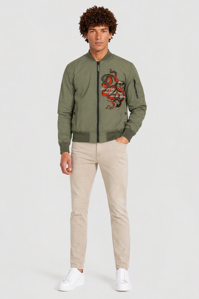 Men Embroidered Bomber Jacket, Olive