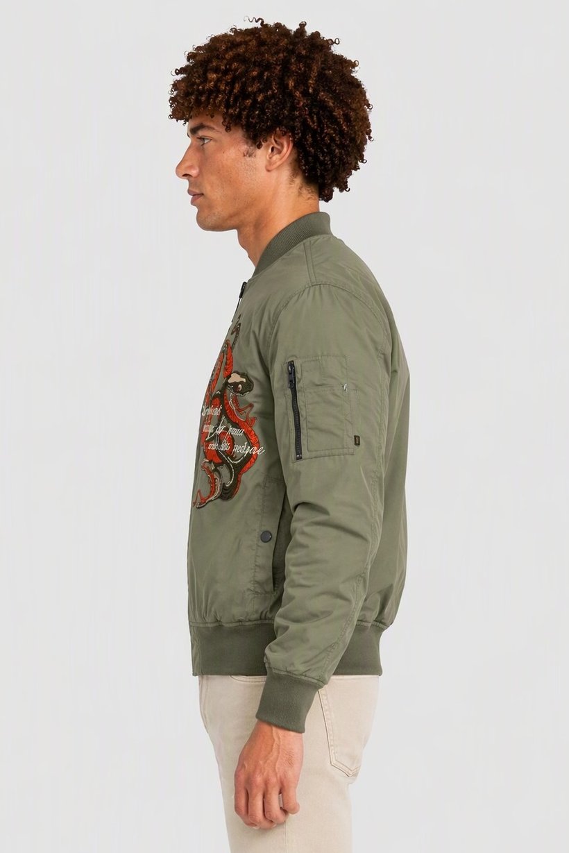Men Embroidered Bomber Jacket, Olive