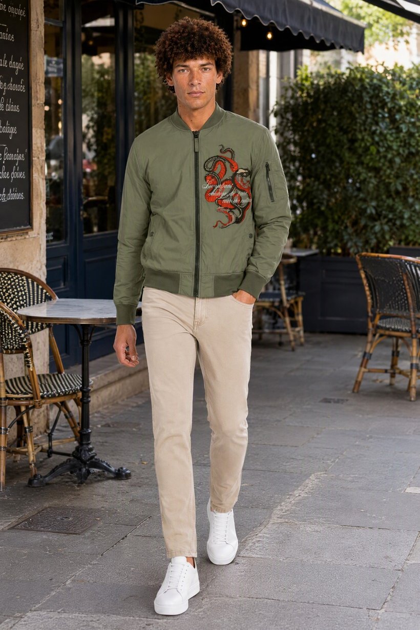 Men Embroidered Bomber Jacket, Olive