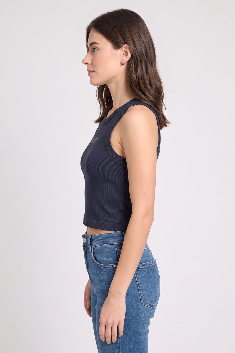 Women Crew Neck Sleeveless Graphic Print Tank Top, Navy Blue
