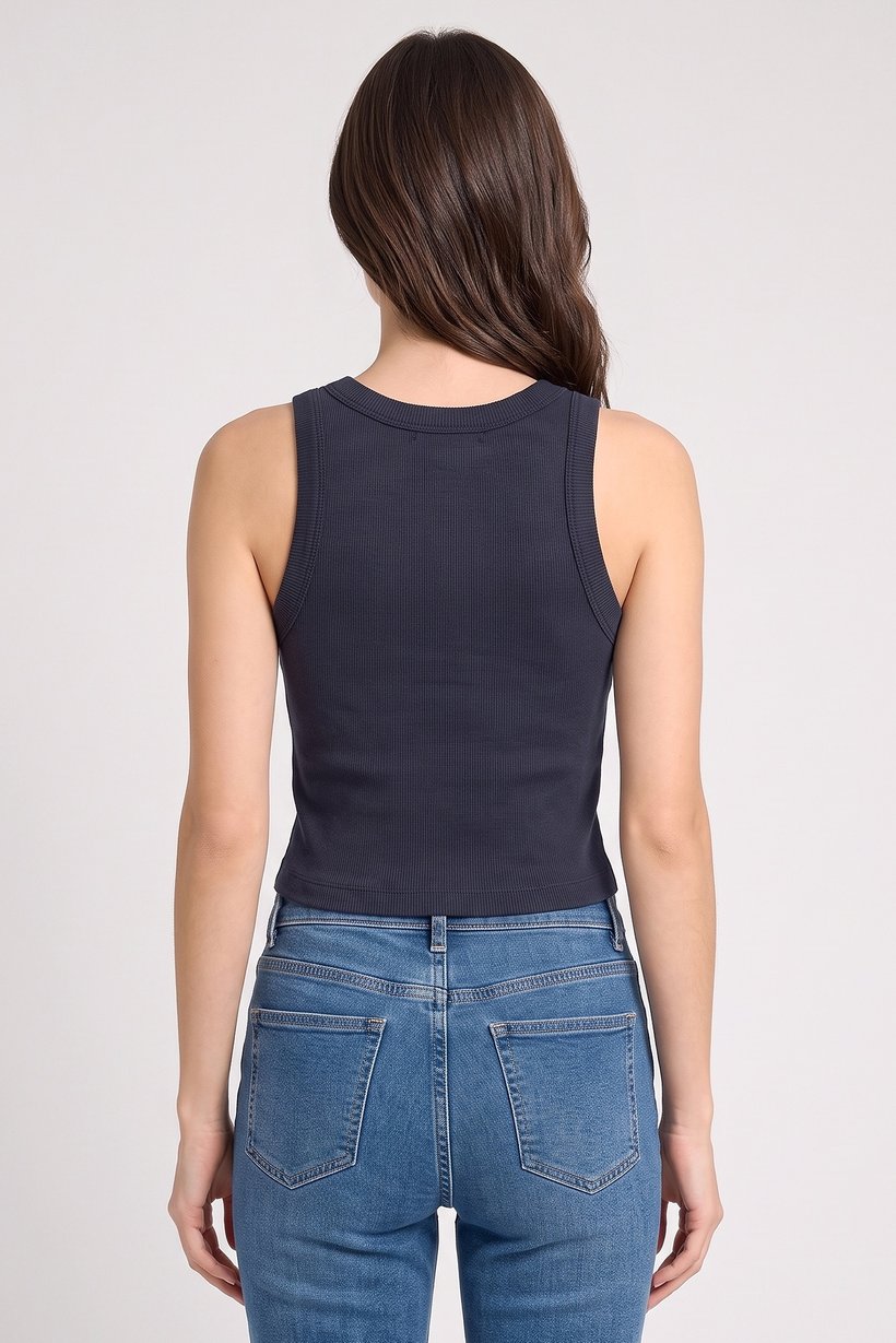 Women Crew Neck Sleeveless Graphic Print Tank Top, Navy Blue