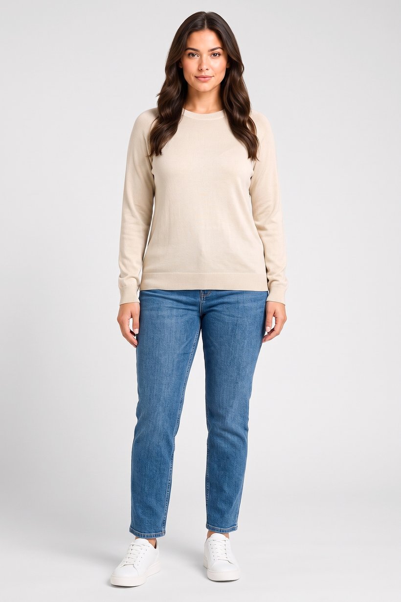 Women Ribbed Collar Long Sleeve Knitted Sweater, Beige