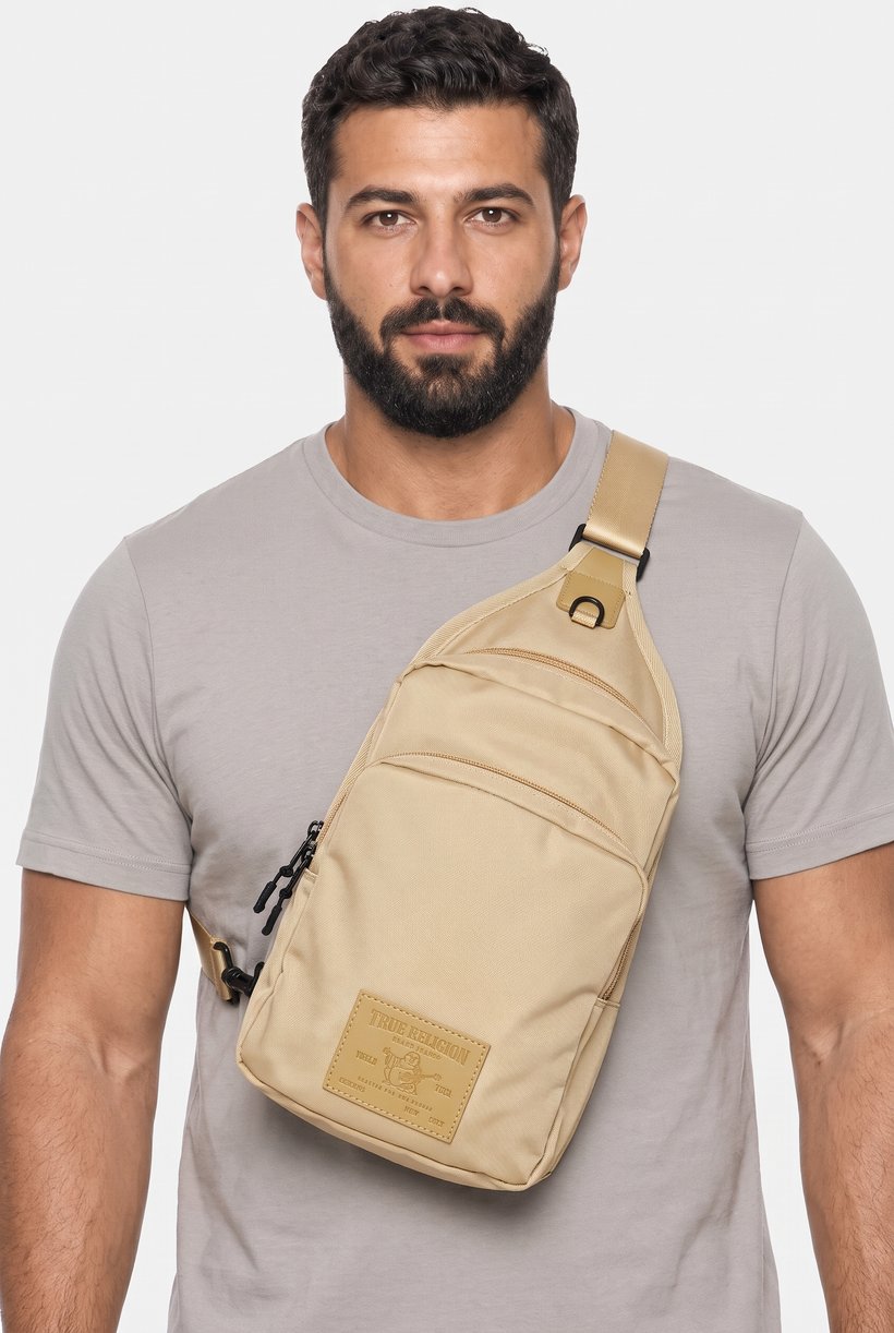 Men Brand Logo Sling Backpack, Beige
