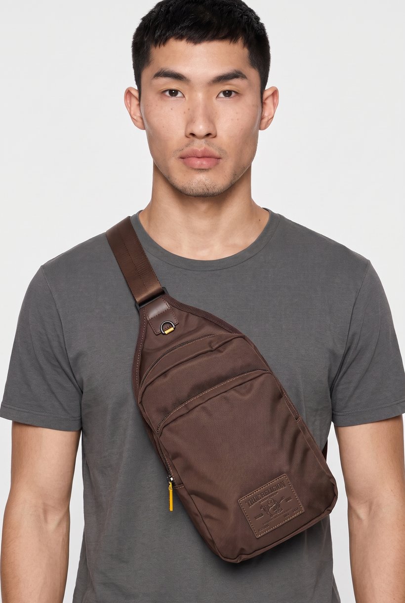 Men Brand Logo Sling Backpack, Brown