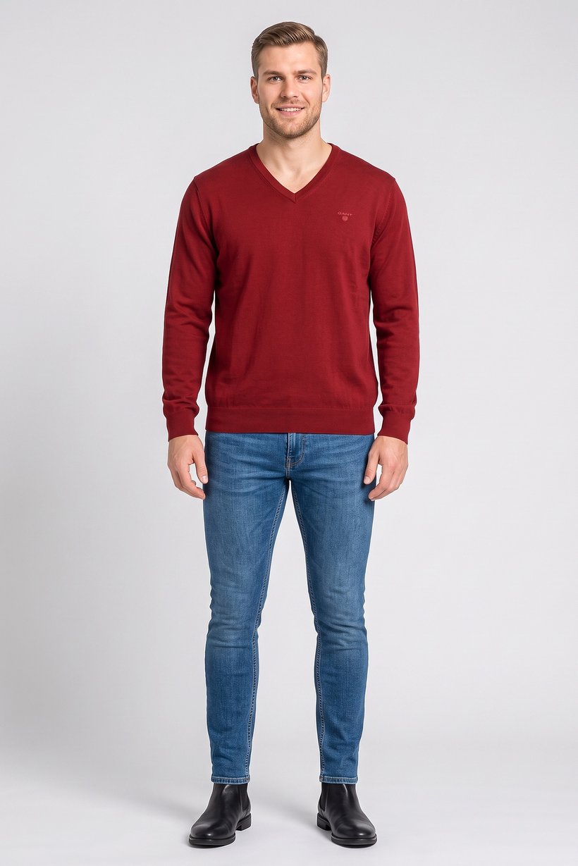 Men V-Neck Textured Sweater, Red