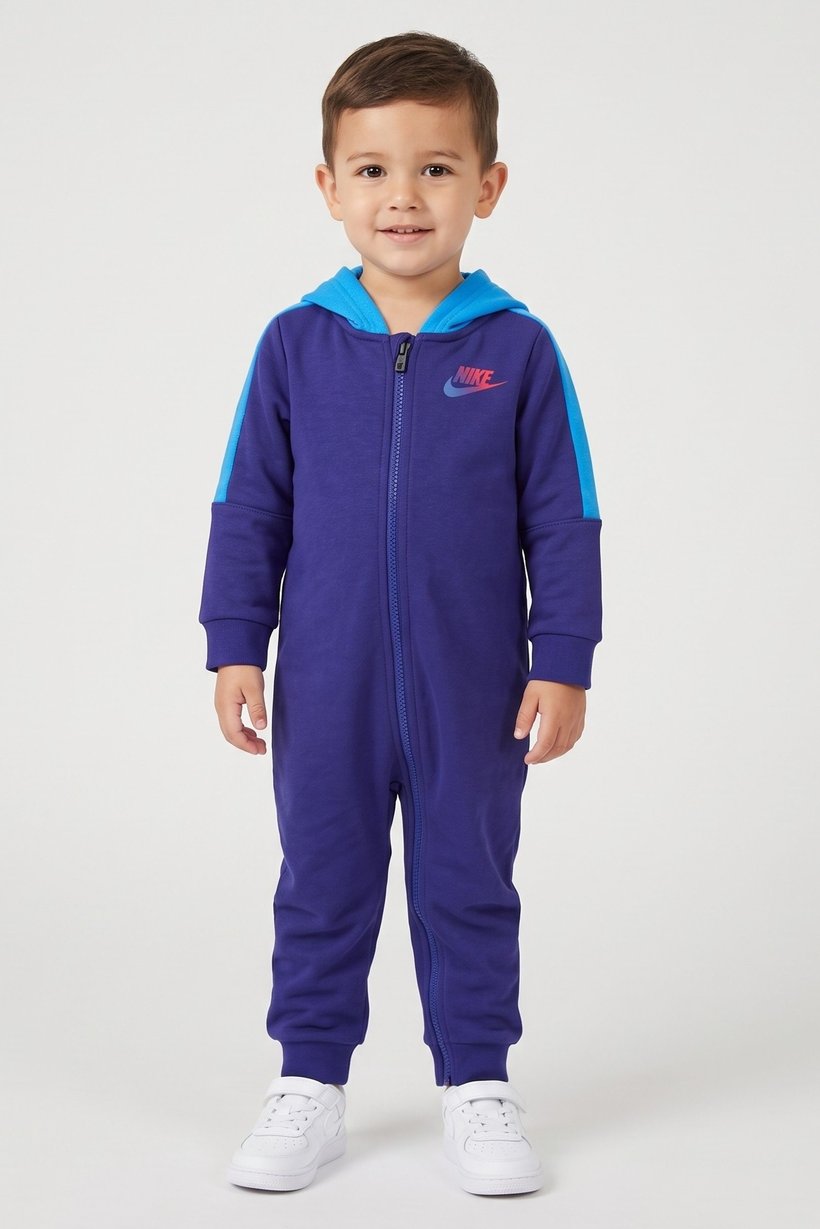 Toddlers Boy Brand Logo Long Sleeve Hooded Romper, Blue