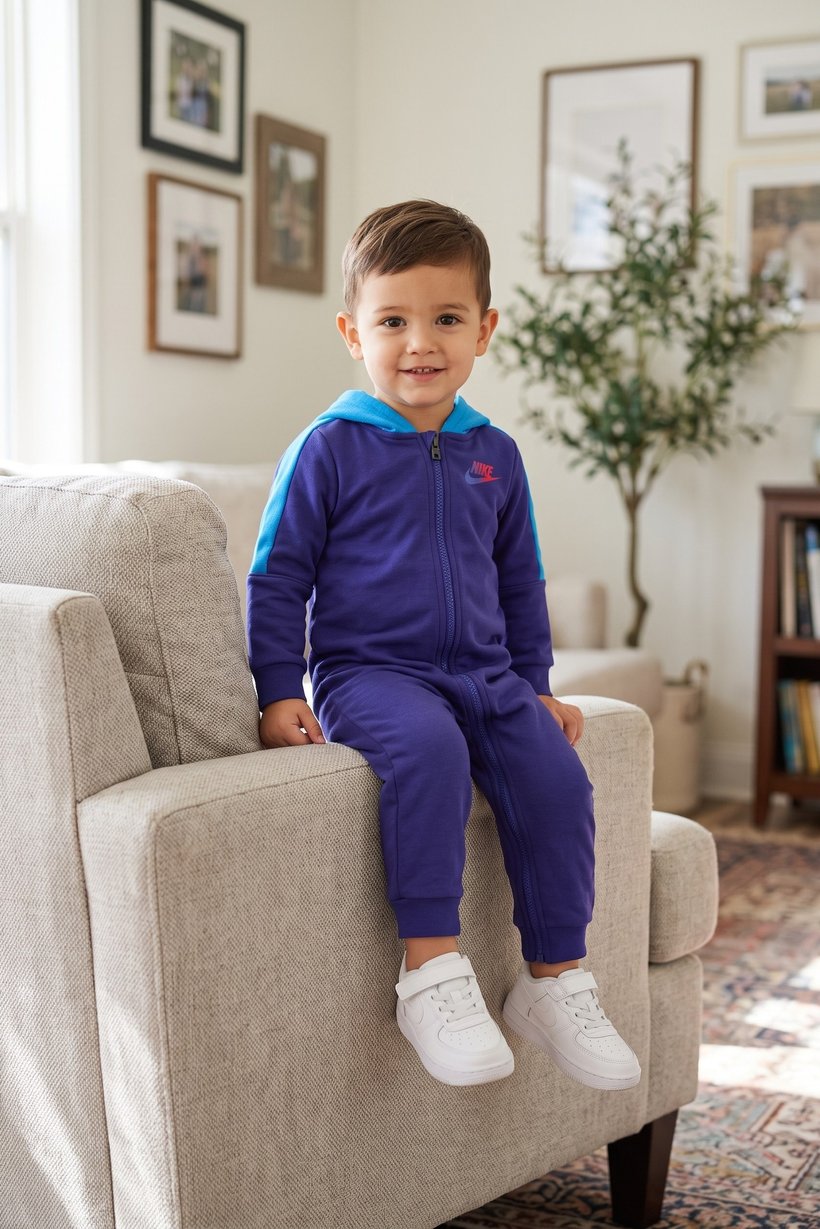 Toddlers Boy Brand Logo Long Sleeve Hooded Romper, Blue