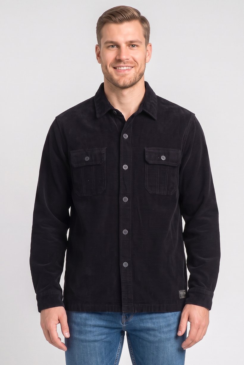 Men Corduroy Long Sleeve Jacket Shirt, Deep Navy