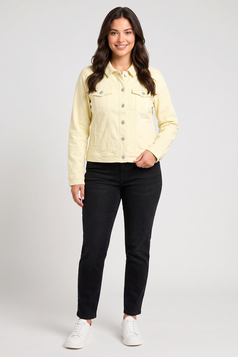 Women Solid Denim Jacket, Light Yellow