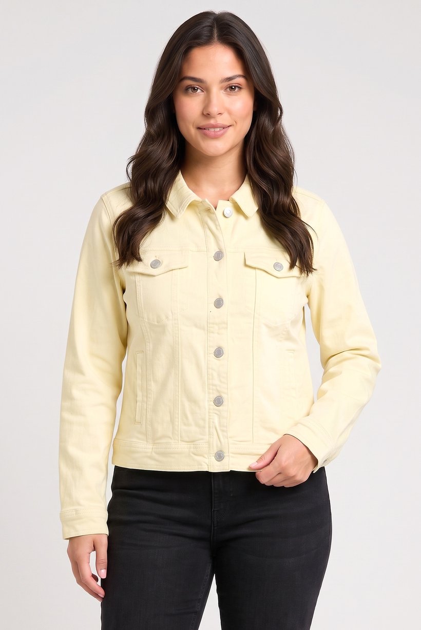 Women Solid Denim Jacket, Light Yellow