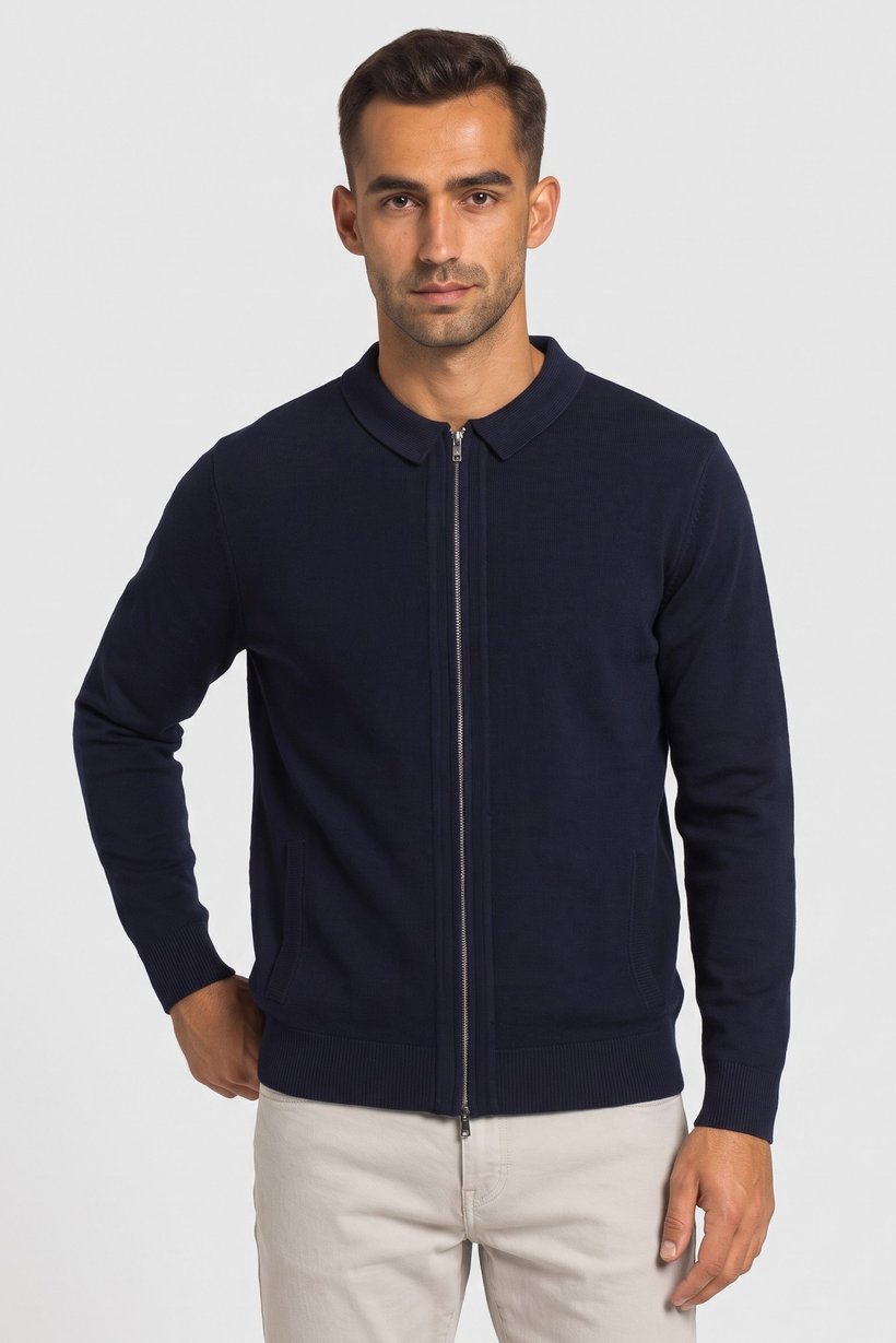 Men Long Sleeve Knitted Full Zip Cardigans, Navy