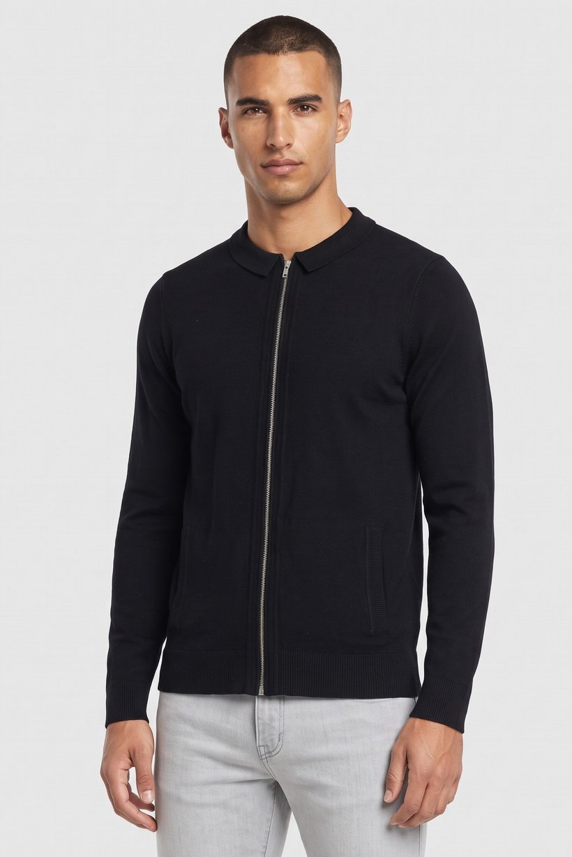 Men Spread Collar Solid Cardigan, Black