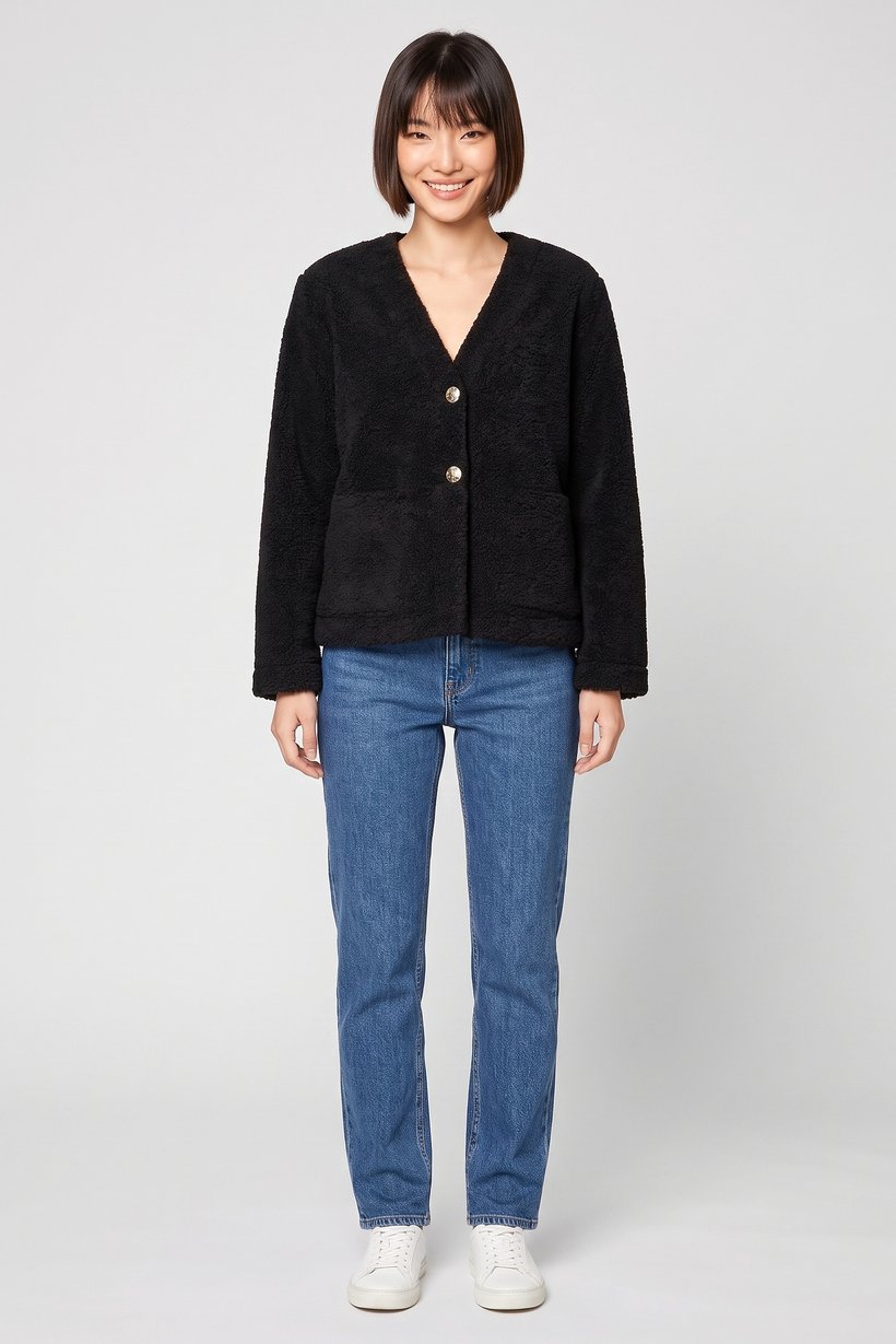 Women Textured Sherpa Jacket, Black