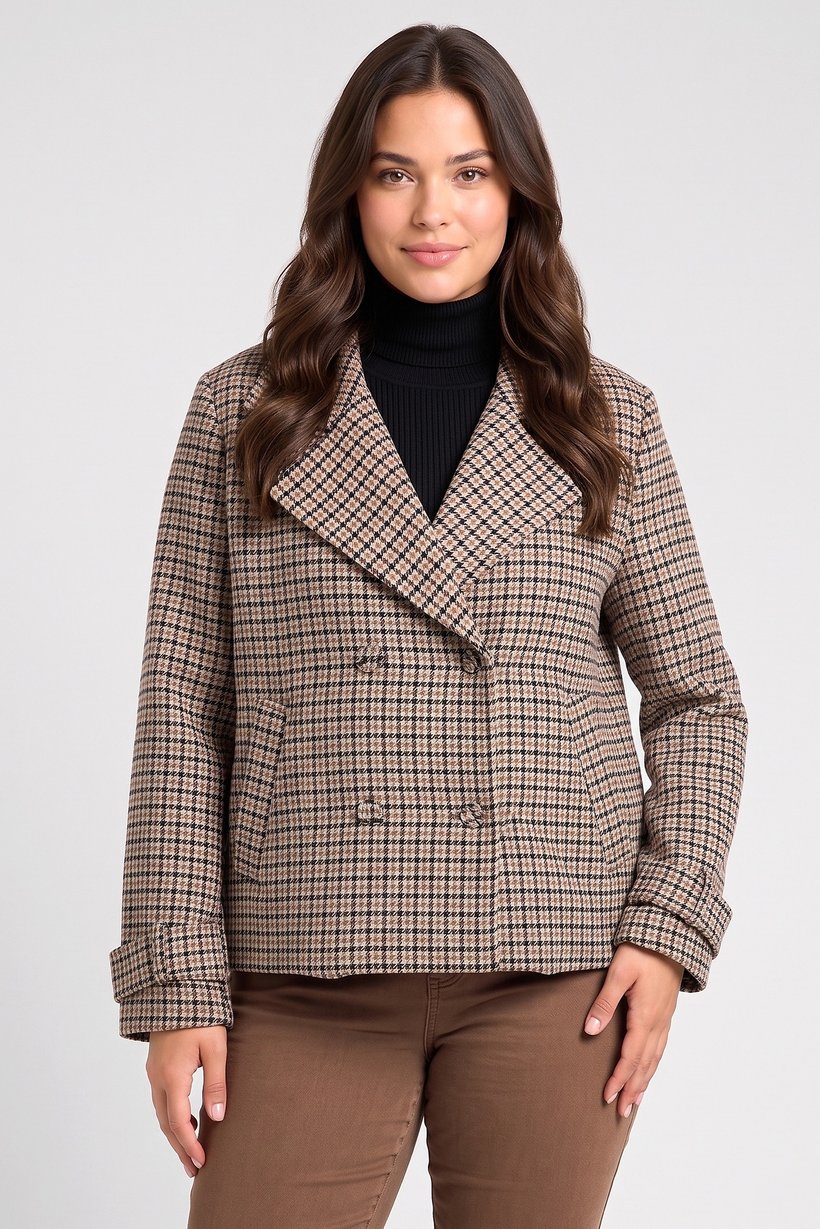 Women Checkered Crop Trench Coat, Multicolor