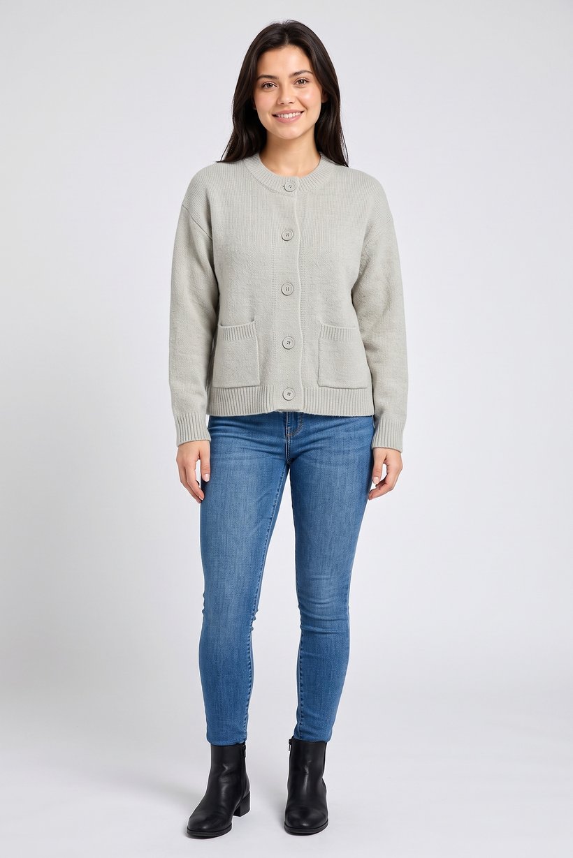 Women Crew Neck Plain Cardigan, Light Grey
