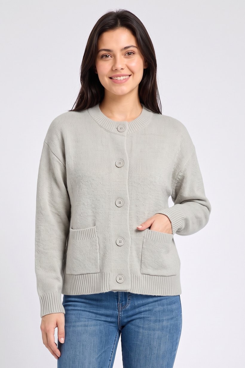 Women Crew Neck Plain Cardigan, Light Grey