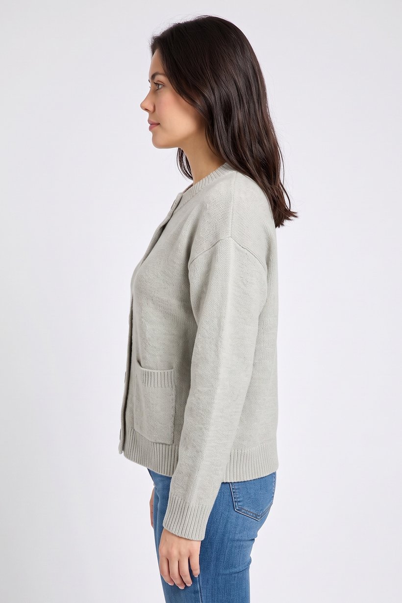 Women Crew Neck Plain Cardigan, Light Grey