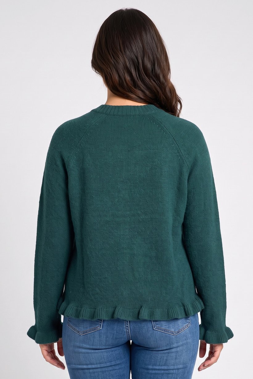 Women Crew Neck Plain Cardigan, Teal Green