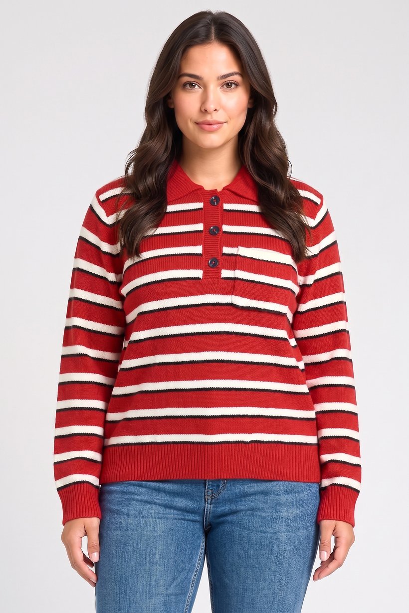 Women Spread Collar Stripe Sweater, Multicolor
