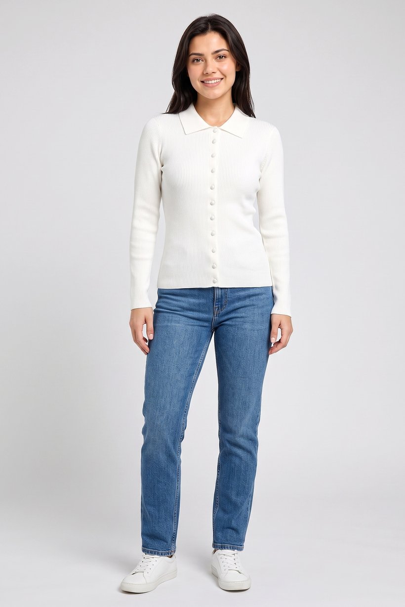 Women Spread Collar Long Sleeve Knitted Cardigan, Off White
