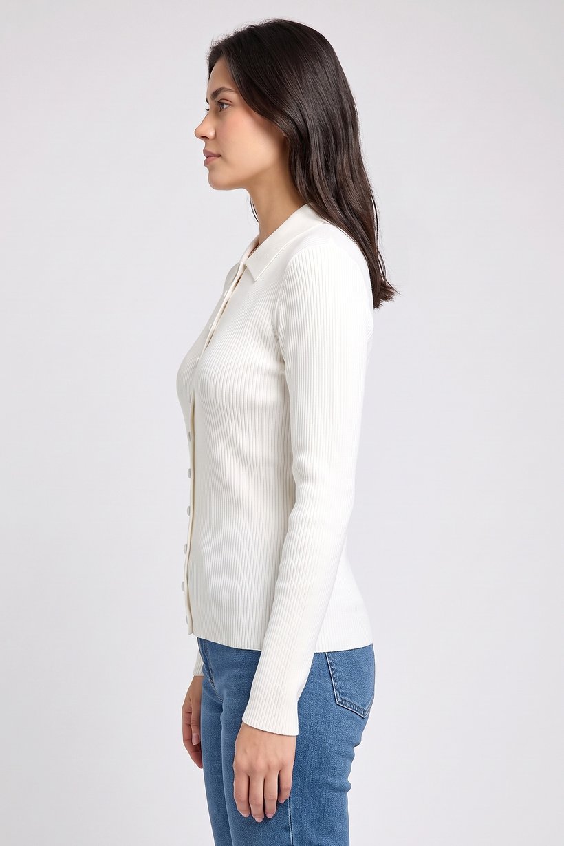 Women Spread Collar Long Sleeve Knitted Cardigan, Off White