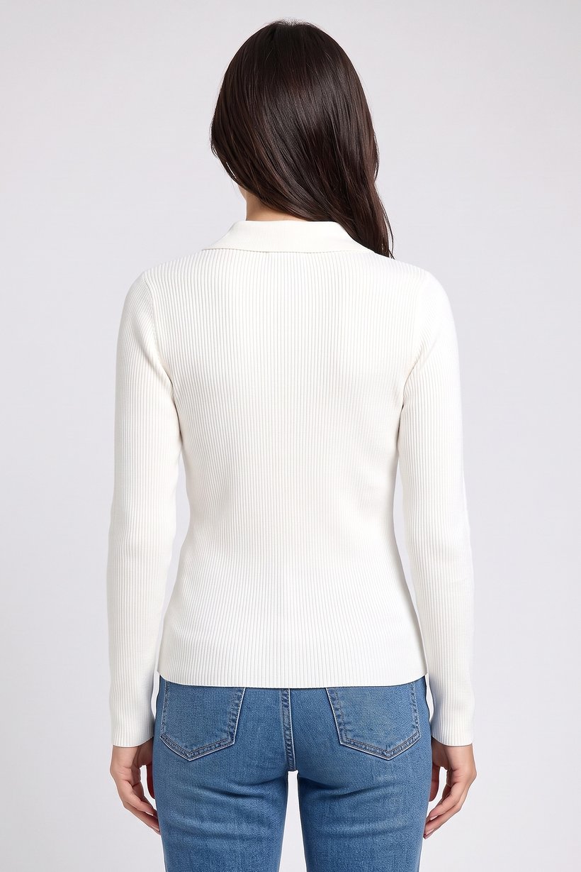 Women Spread Collar Long Sleeve Knitted Cardigan, Off White