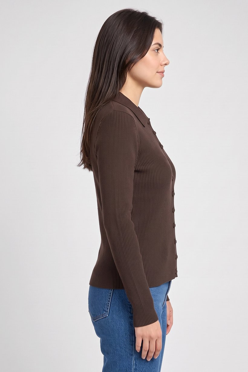 Women Spread Collar Knitted Cardigan, Chocolate Brown