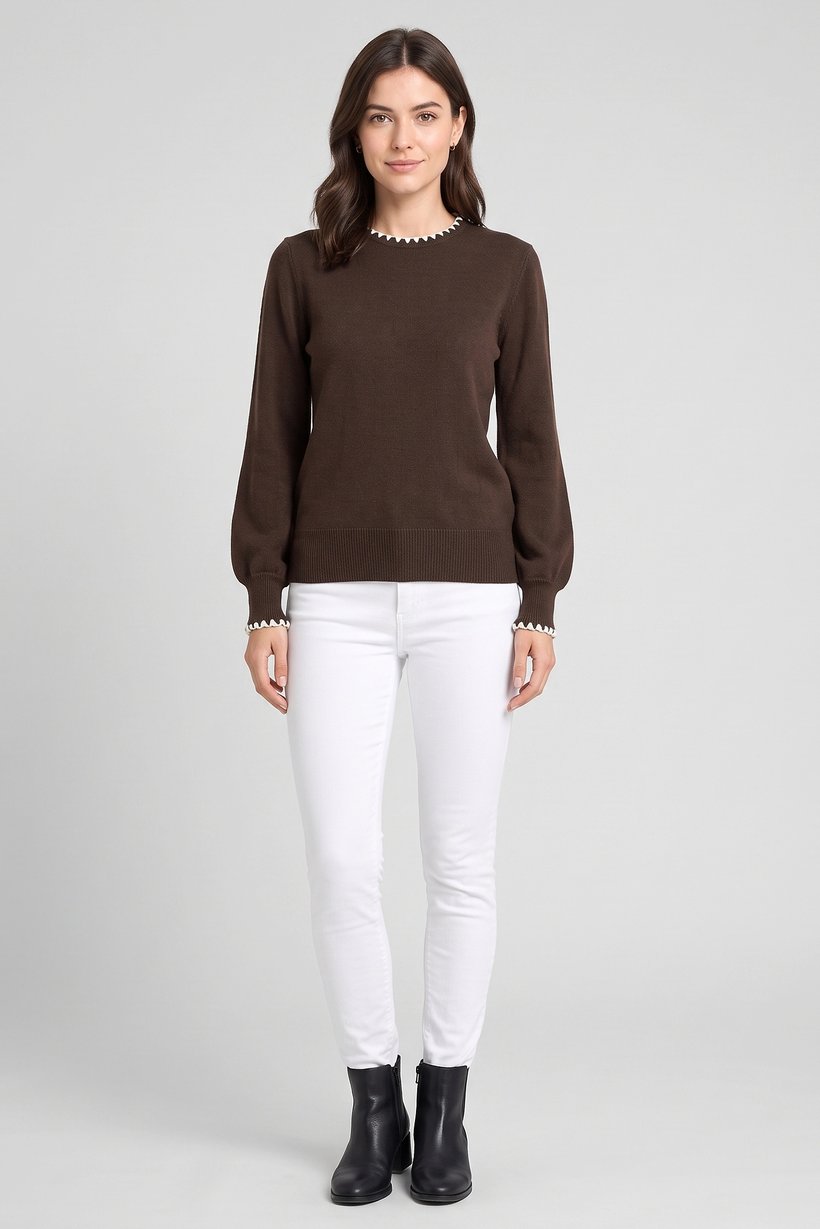 Women Crew Neck Plain Sweater, Dark Brown