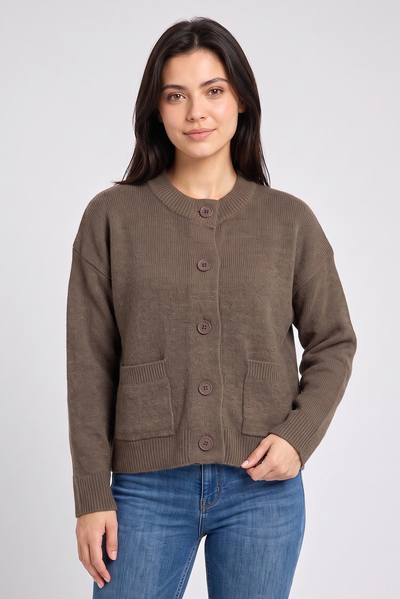 Women Crew Neck Plain Cardigan, Brown