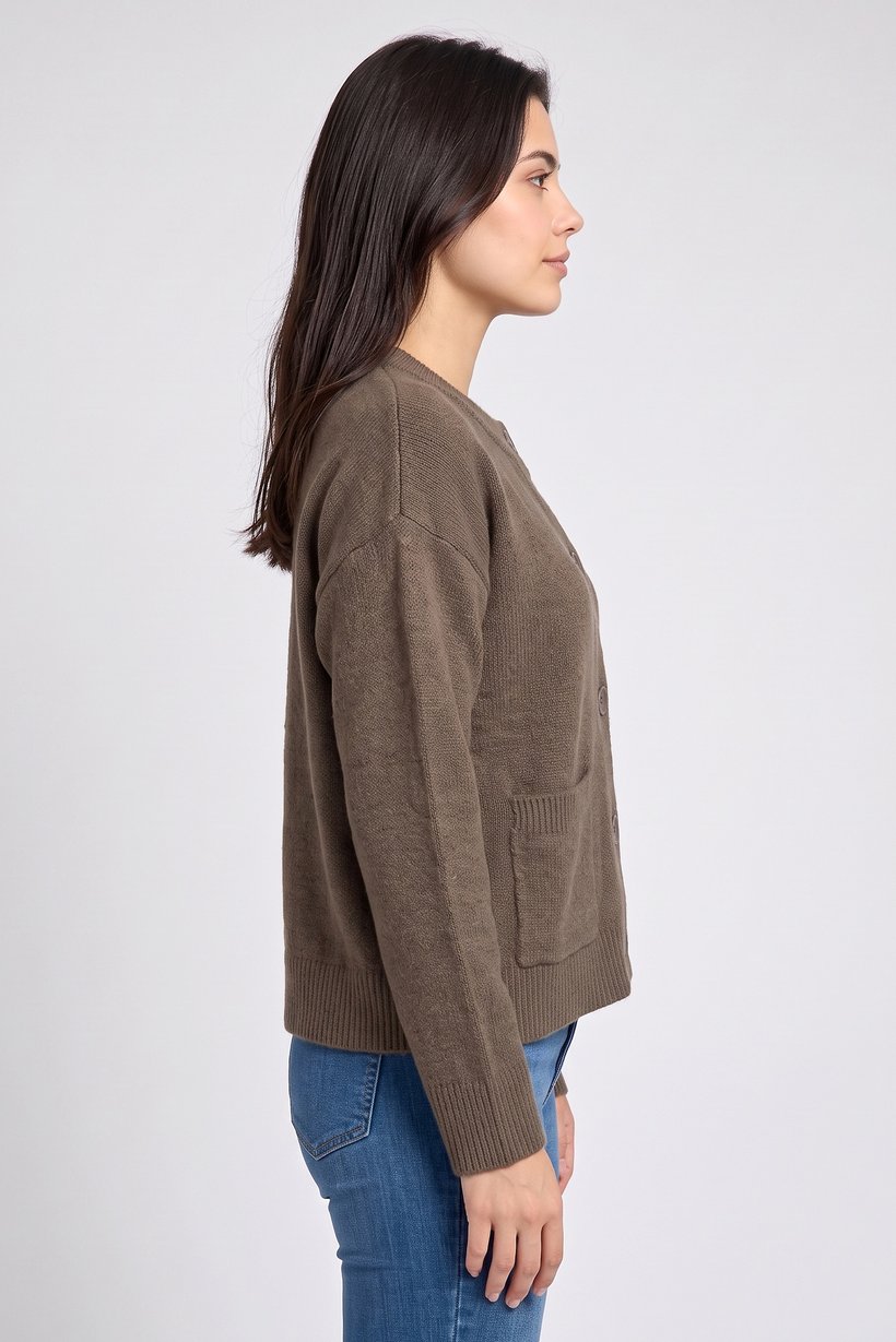 Women Crew Neck Plain Cardigan, Brown