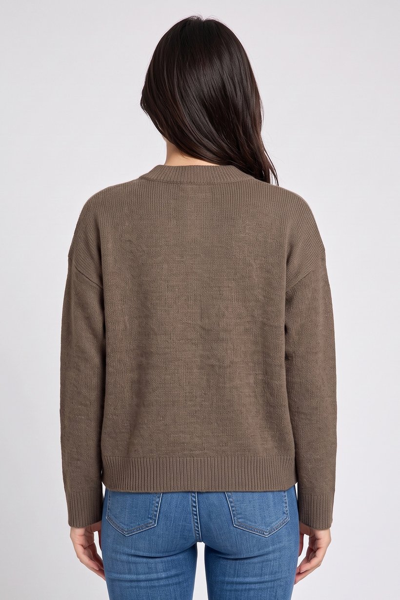 Women Crew Neck Plain Cardigan, Brown