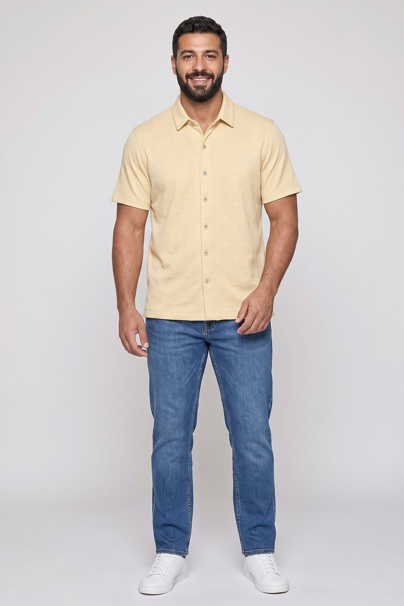 Men Regular Fit Spread Collar Short Sleeve Textured Casual Shirt, Beige