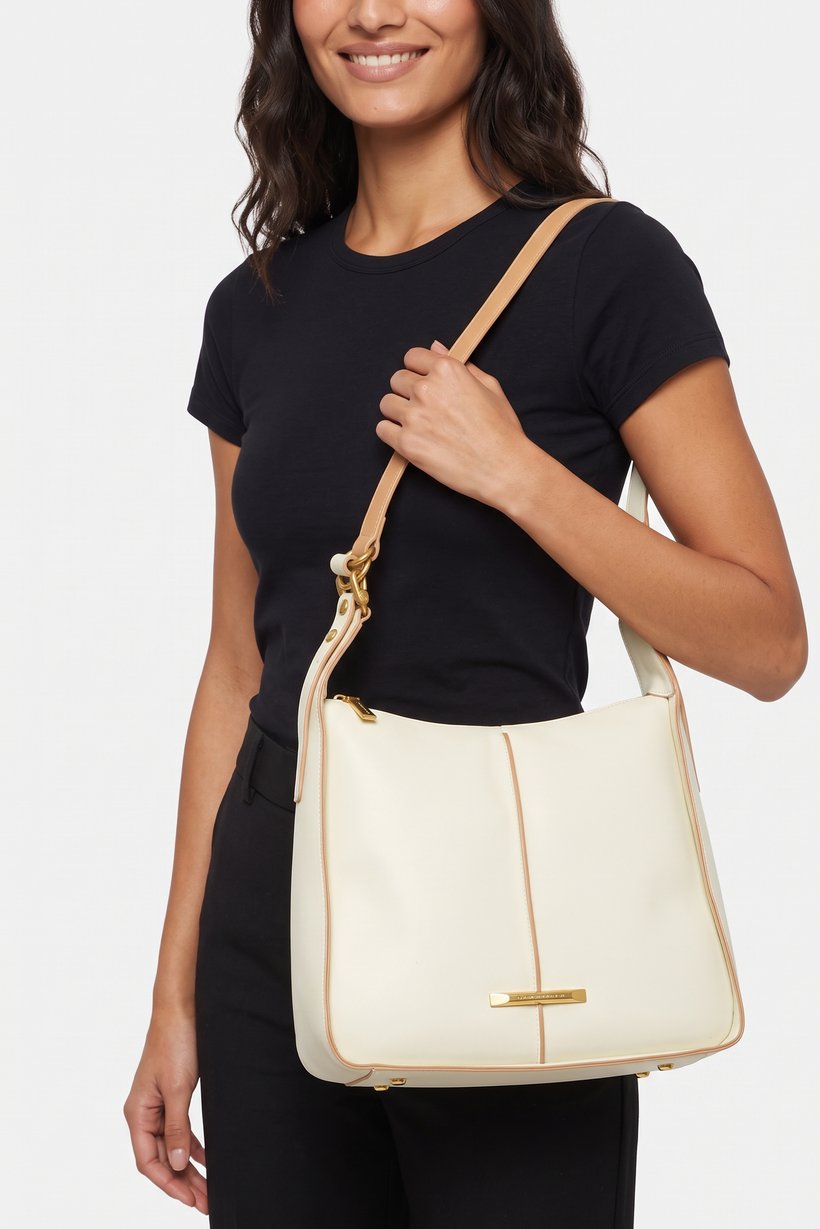Women Brand Logo Shoulder Bag, Beige