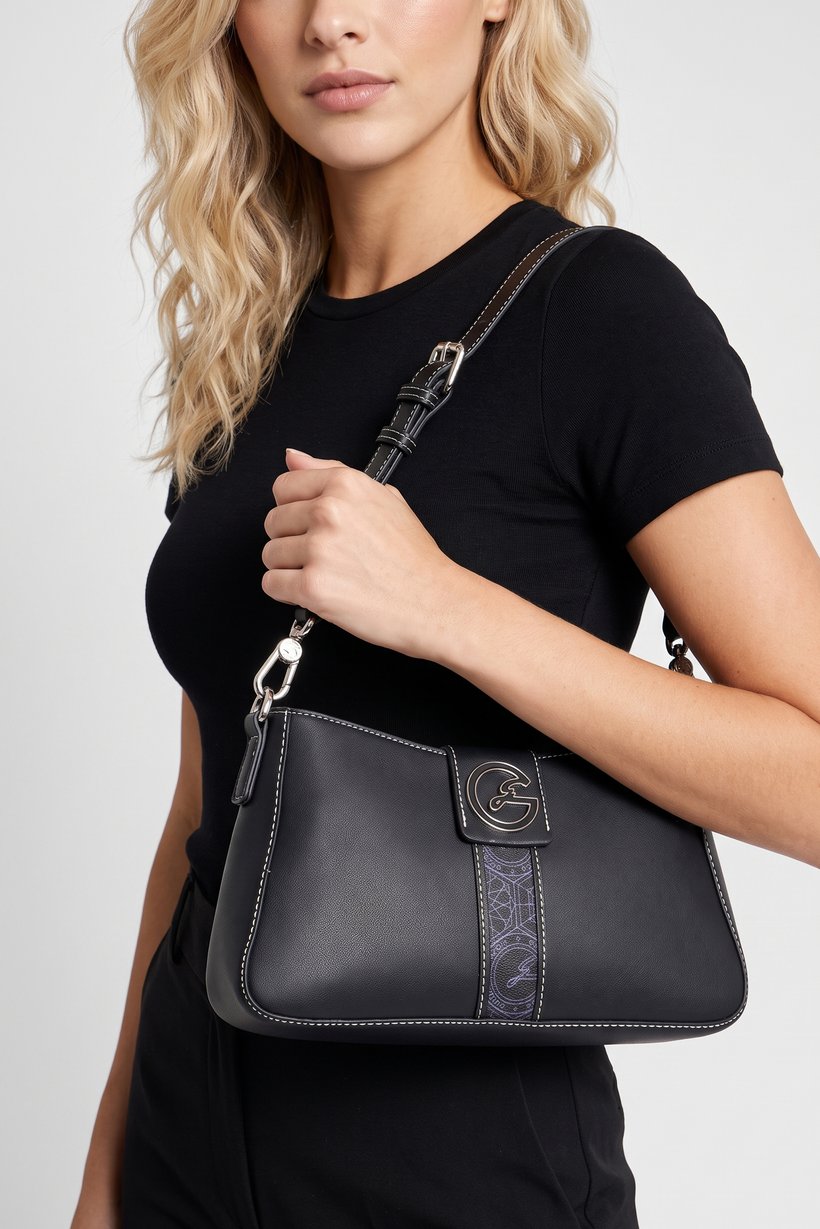 Women Brand Logo Hand Bag, Black