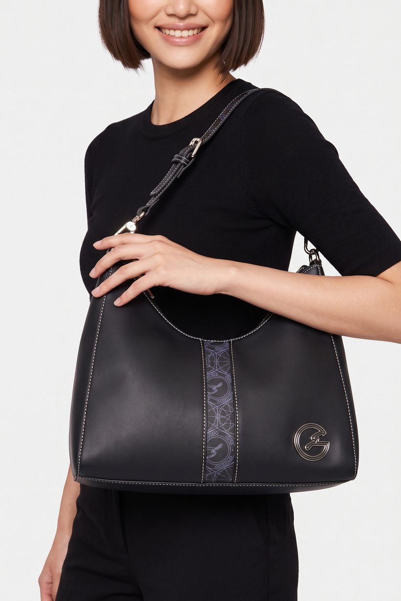 Women Brand Logo Shoulder Bag, Black