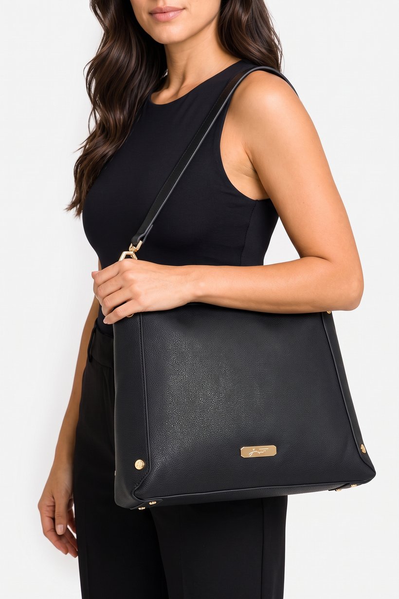 Women Brand Logo Shoulder Bag, Black