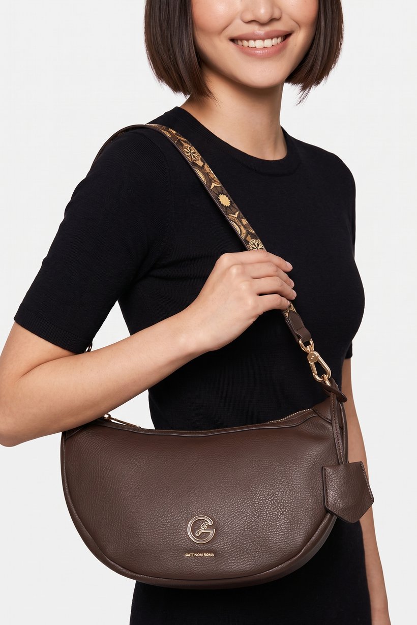 Women Brand Logo Shoulder Bag, Dark Brown