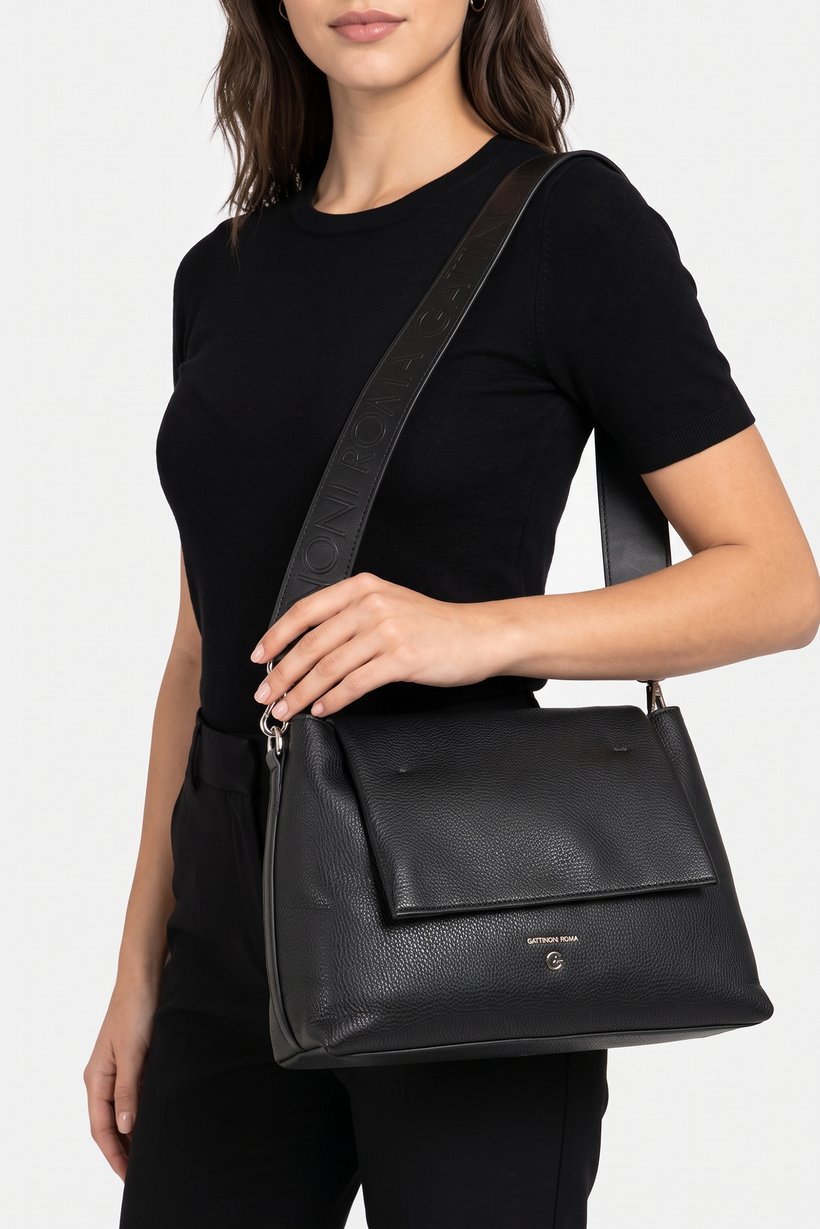 Women Brand Logo Shoulder Bag, Black