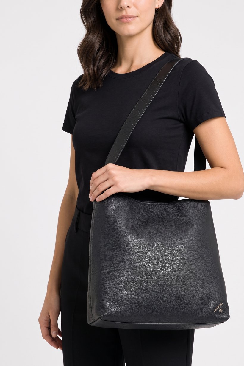Women Brand Logo Shoulder Bag, Black